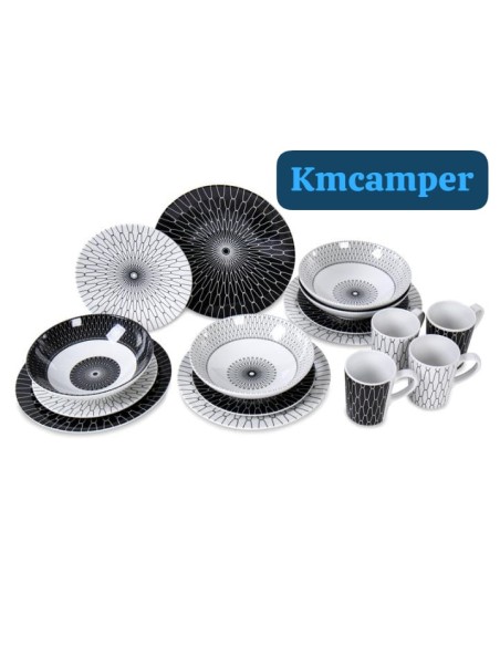 VAJILLA MELAMINA 16 PIEZAS BLANCO-NEGRO