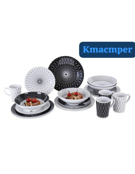 VAJILLA MELAMINA 16 PIEZAS BLANCO-NEGRO