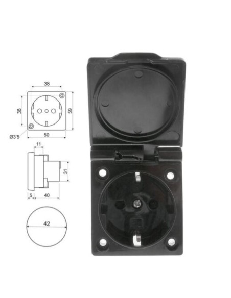 BASE ENCHUFE EMPOTRABLE IP44 CON TAPA (NEGRO)